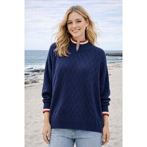 Mersea Oversized Navy Blue Cable Knit Sweater / Dolman Sleeve Coastal / One Size